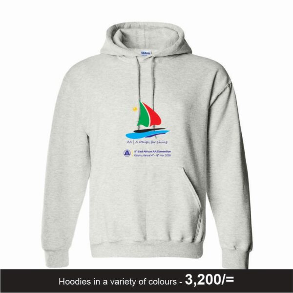 Official white AA East African Convention 2025 hoodie with logo.